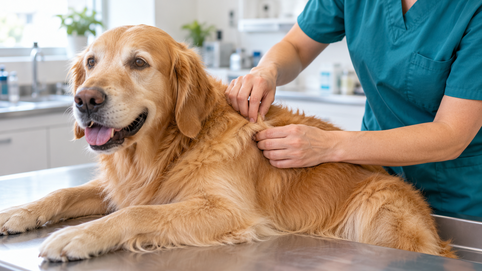 Veterinarian gently examining the skin of a relaxed golden retriever.